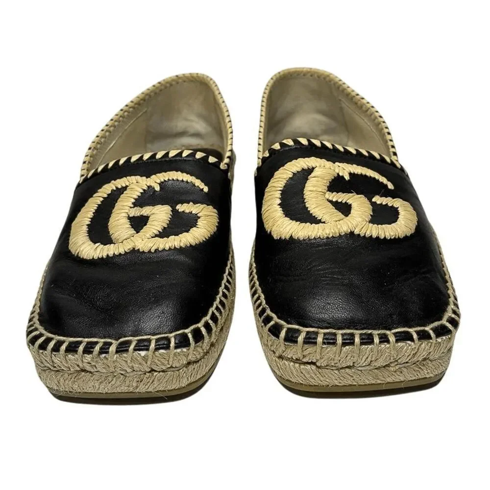 Gucci Charlotte Interlocking G Nappa Leather Espadrille EU 37 Square Toe
